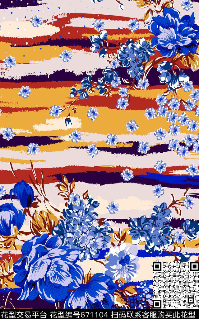 花朵水波纹横纹数码印花华亿平台下载（图片编号: 671104） - 瓦栏（Walan）