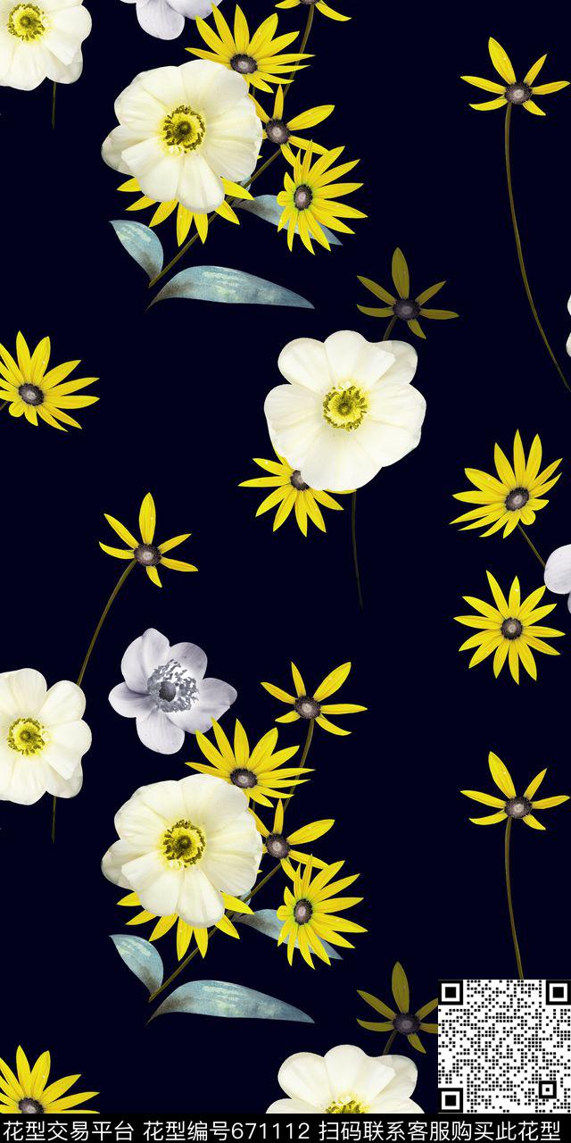 向日葵黑底大气数码印花华亿平台下载（图片编号: 671112） - 瓦栏（Walan）
