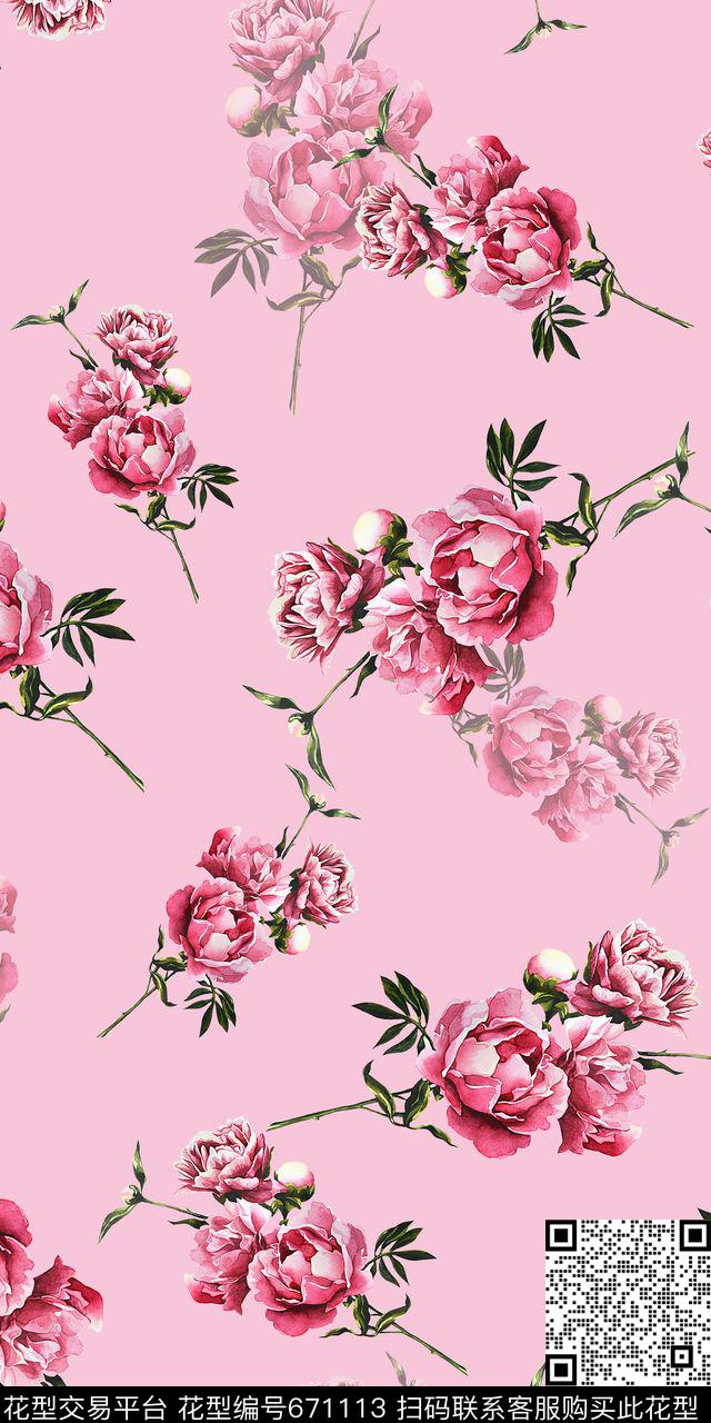 手绘花平底玫瑰数码印花华亿平台下载（图片编号: 671113） - 瓦栏（Walan）