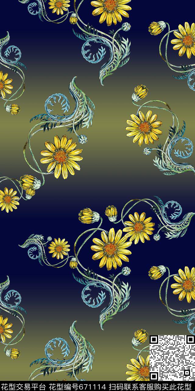 手绘花渐变抽象数码印花华亿平台下载（图片编号: 671114） - 瓦栏（Walan）