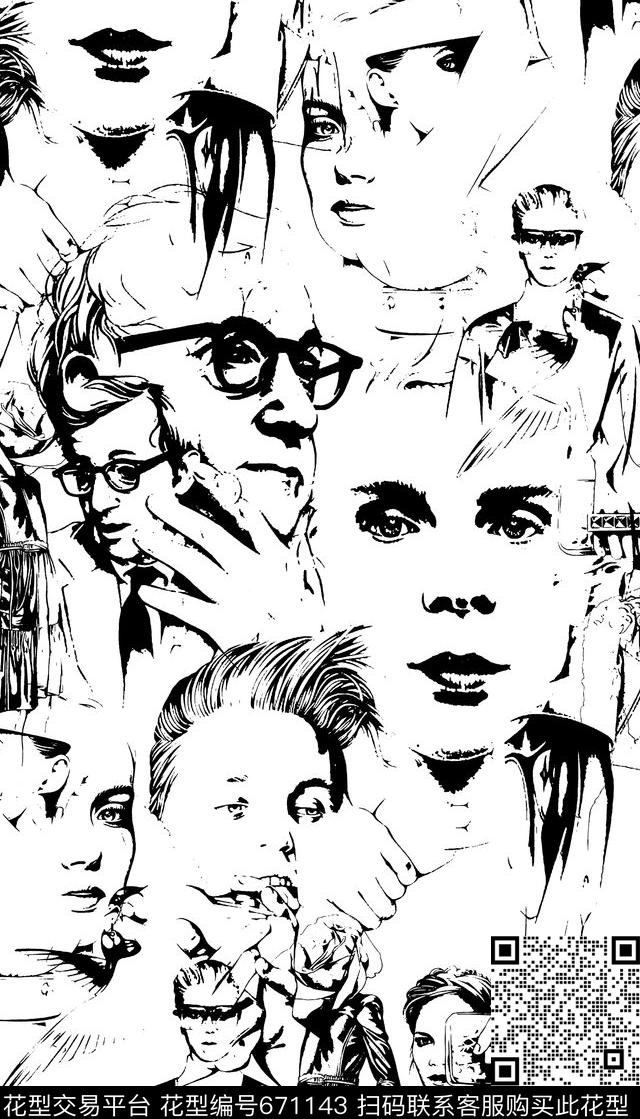 抽象休闲黑白欧美人物传统印花华亿平台下载（图片编号: 671143） - 瓦栏（Walan）