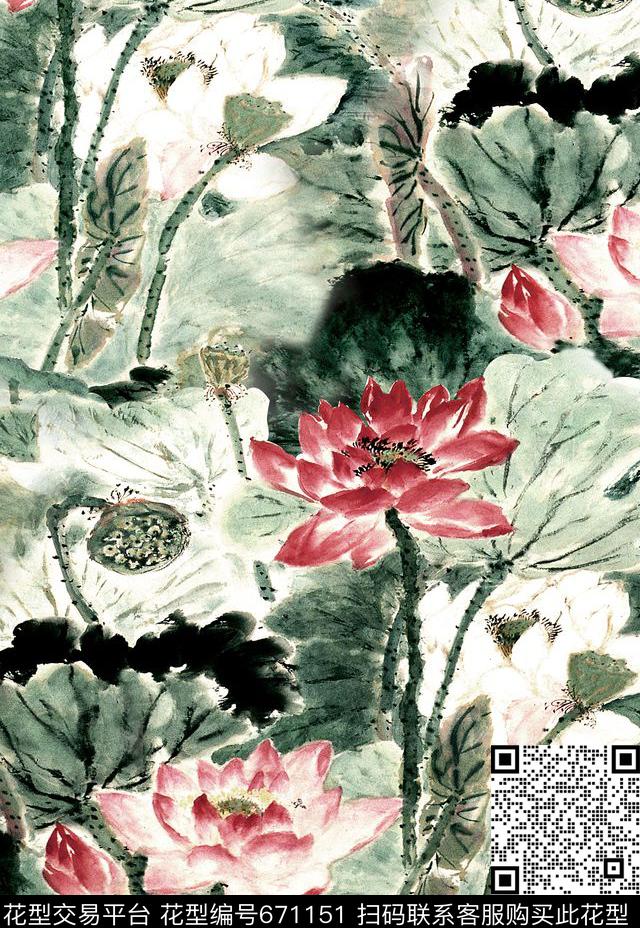 荷花中国风满版数码印花华亿平台下载（图片编号: 671151） - 瓦栏（Walan）