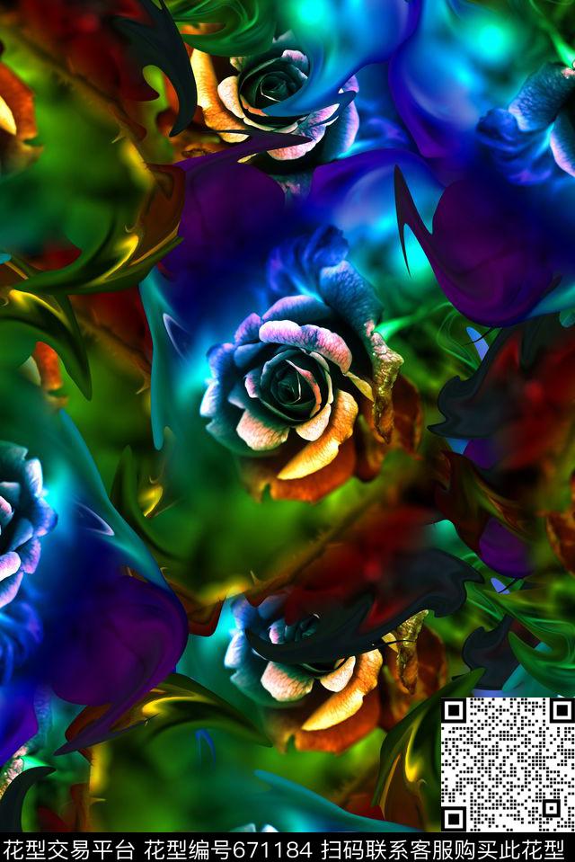 时尚潮流女装渐变纹理肌理纹彩绘数码印花男装外套彩色玫瑰花水彩画印花艳丽泳装极光分形印花数码印花华亿平台下载（图片编号: 671184） - 瓦栏（Walan）
