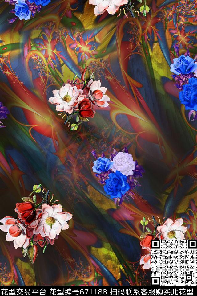 中国风花朵花卉数码印花华亿平台下载（图片编号: 671188） - 瓦栏（Walan）