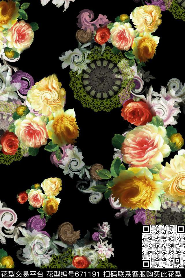 油画复古花卉数码印花华亿平台下载（图片编号: 671191） - 瓦栏（Walan）