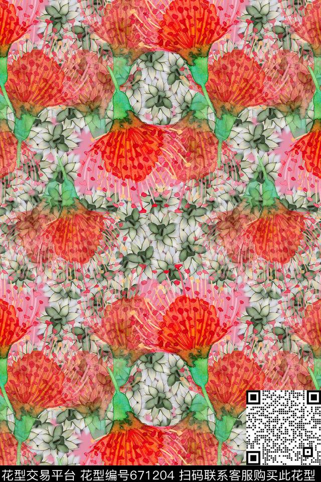 热带植物热带海滨度假手绘彼岸花意向数码印花华亿平台下载（图片编号: 671204） - 瓦栏（Walan）