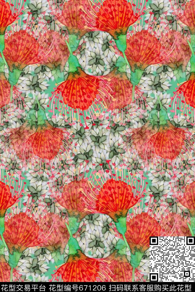 热带植物热带海滨度假手绘彼岸花意向数码印花华亿平台下载（图片编号: 671206） - 瓦栏（Walan）