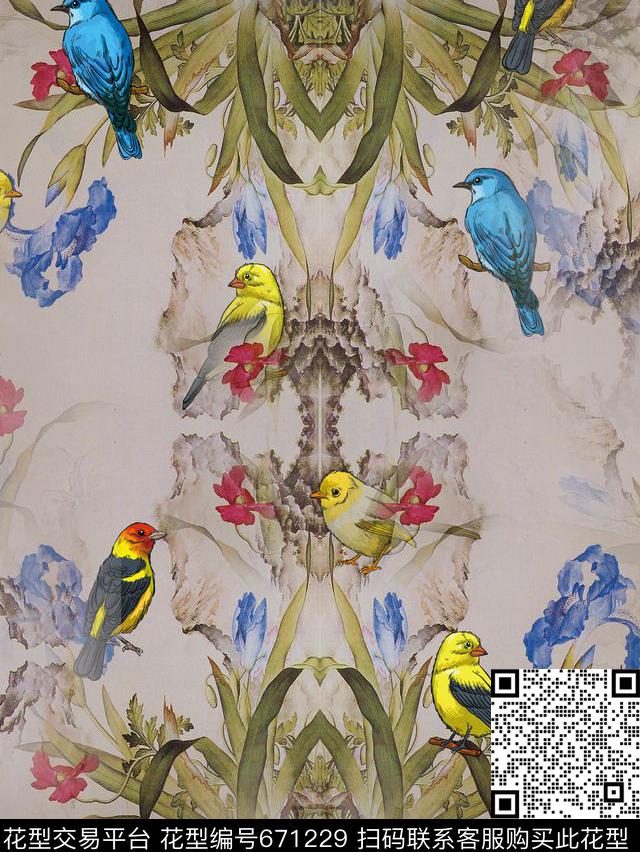 小鸟水墨石竹花数码印花华亿平台下载（图片编号: 671229） - 瓦栏（Walan）