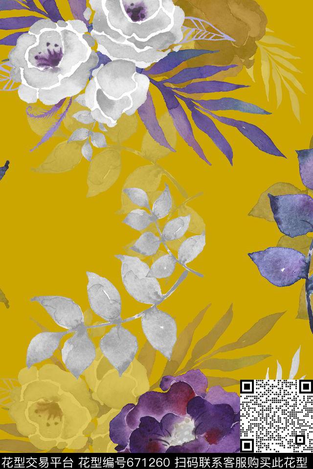 花朵水彩植物大花数码印花华亿平台下载（图片编号: 671260） - 瓦栏（Walan）