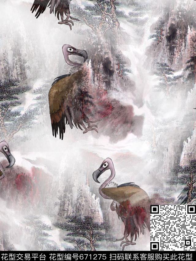 水墨松树山峰数码印花华亿平台下载（图片编号: 671275） - 瓦栏（Walan）