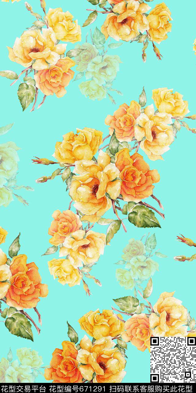 手绘花时尚平底清爽数码印花华亿平台下载（图片编号: 671291） - 瓦栏（Walan）