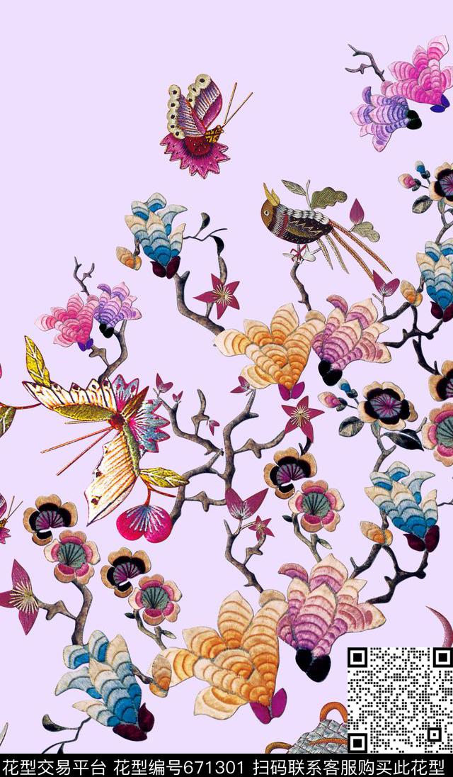 绣花花卉花鸟数码印花华亿平台下载（图片编号: 671301） - 瓦栏（Walan）