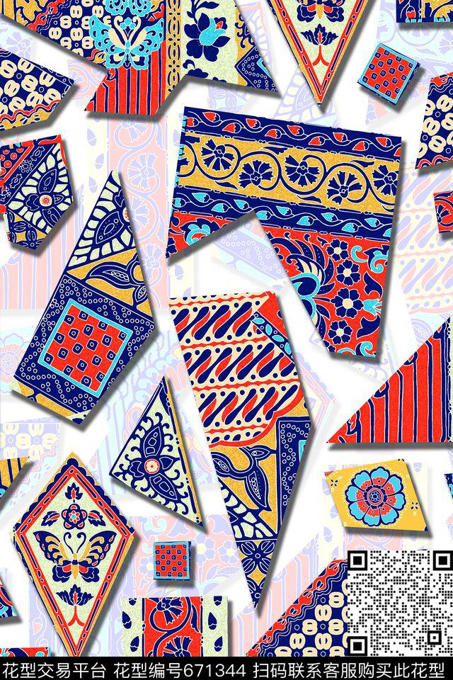 手绘民族风几何数码印花华亿平台下载（图片编号: 671344） - 瓦栏（Walan）