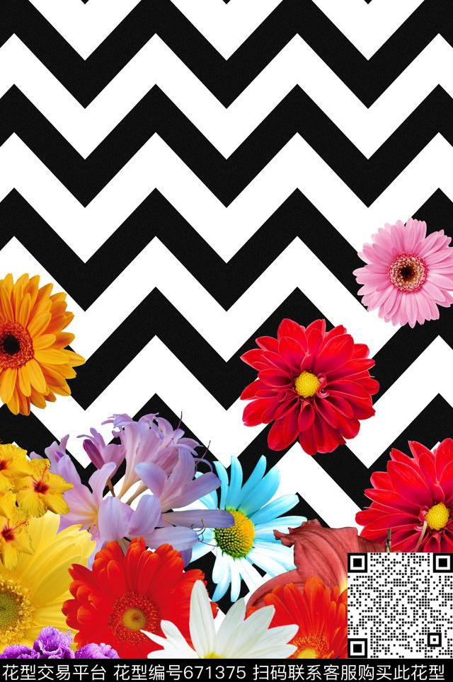 花卉太阳花条纹数码印花华亿平台下载（图片编号: 671375） - 瓦栏（Walan）