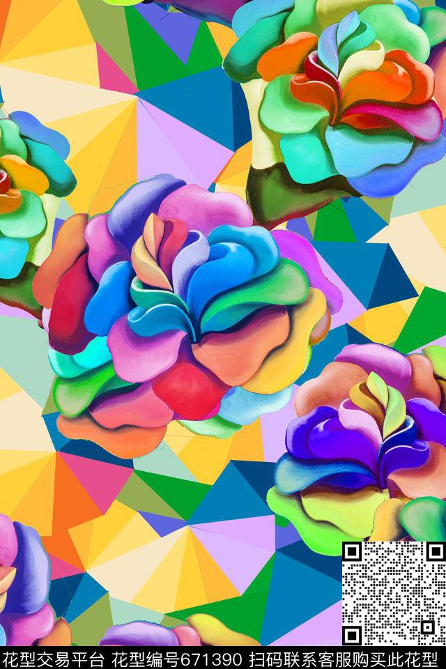 几何花卉拼接数码印花华亿平台下载（图片编号: 671390） - 瓦栏（Walan）