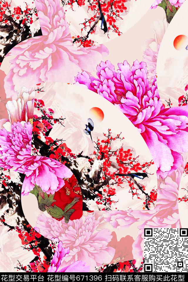 时尚抽象手绘中国风牡丹花扇子印花时尚潮流女装裙子旗袍清爽柔和系列印花满版花鸟梅花山水画印花数码印花华亿平台下载（图片编号: 671396） - 瓦栏（Walan）