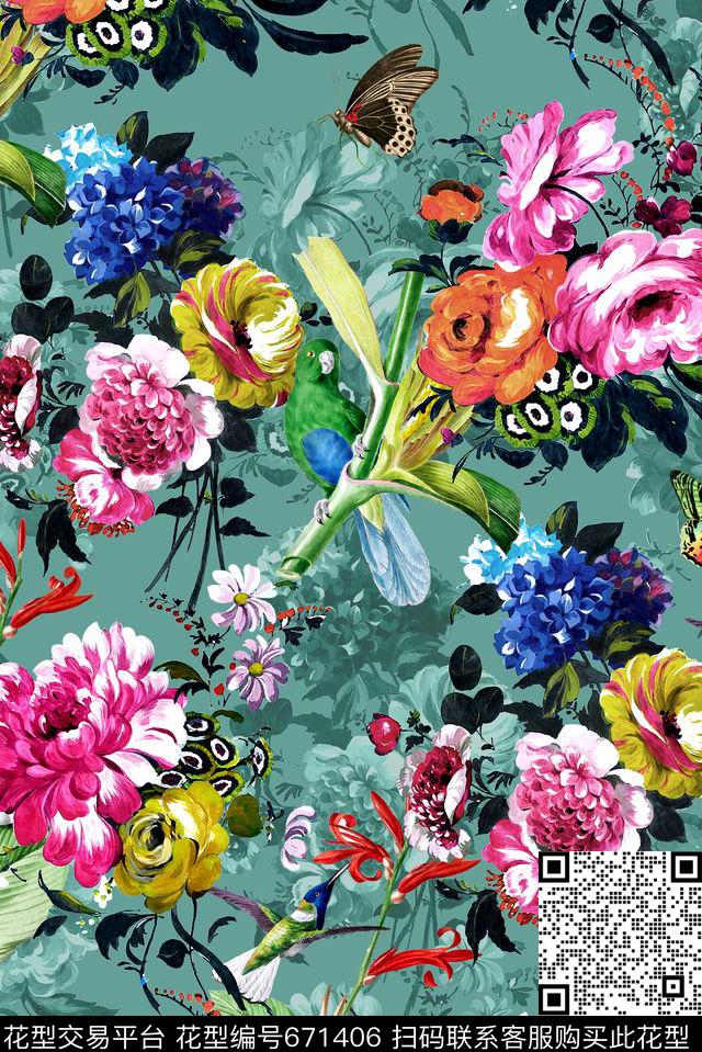 时尚手绘花卉数码印花华亿平台下载（图片编号: 671406） - 瓦栏（Walan）