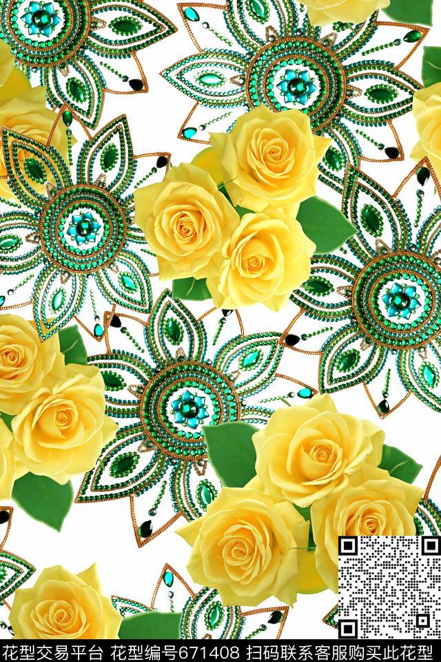 水彩珠宝花卉数码印花华亿平台下载（图片编号: 671408） - 瓦栏（Walan）