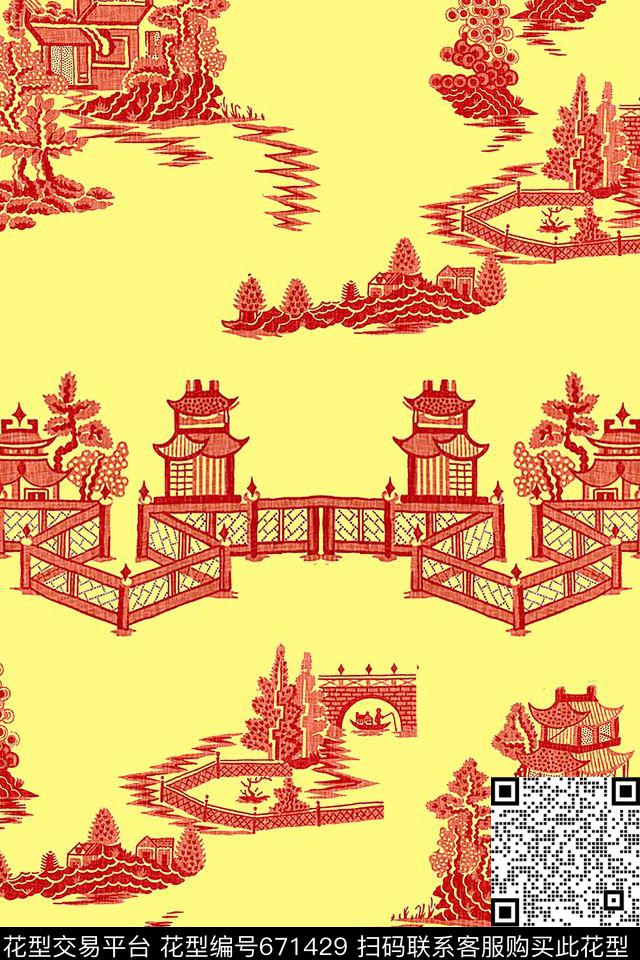 山水画民族风中国风数码印花华亿平台下载（图片编号: 671429） - 瓦栏（Walan）
