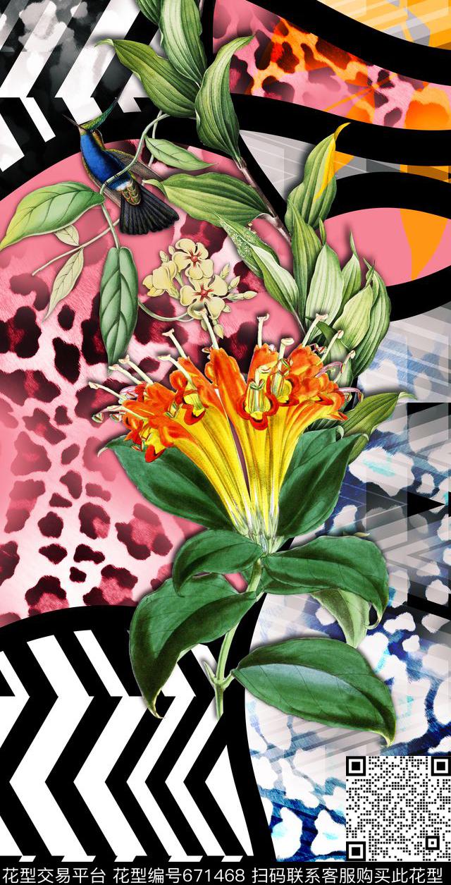 黑白条纹、豹纹、热带花、树叶、动物数码印花华亿平台下载（图片编号: 671468） - 瓦栏（Walan）