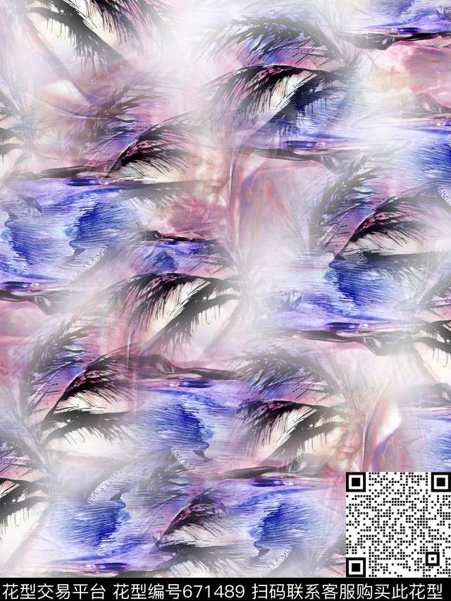 油画海浪椰树数码印花华亿平台下载（图片编号: 671489） - 瓦栏（Walan）