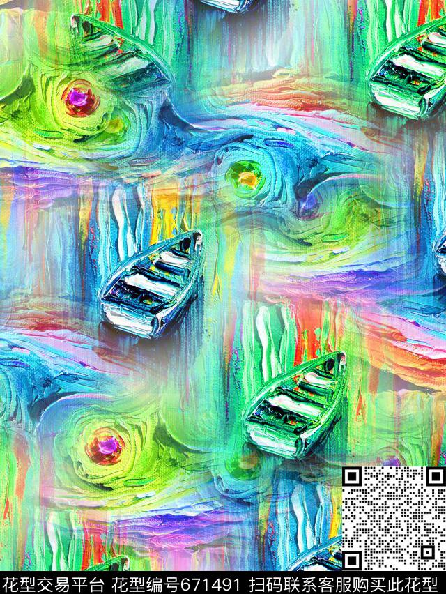 小船油画海浪数码印花华亿平台下载（图片编号: 671491） - 瓦栏（Walan）