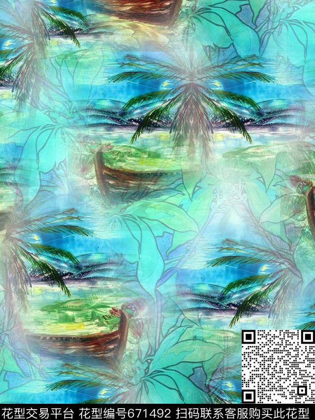 油画小船椰树数码印花华亿平台下载（图片编号: 671492） - 瓦栏（Walan）