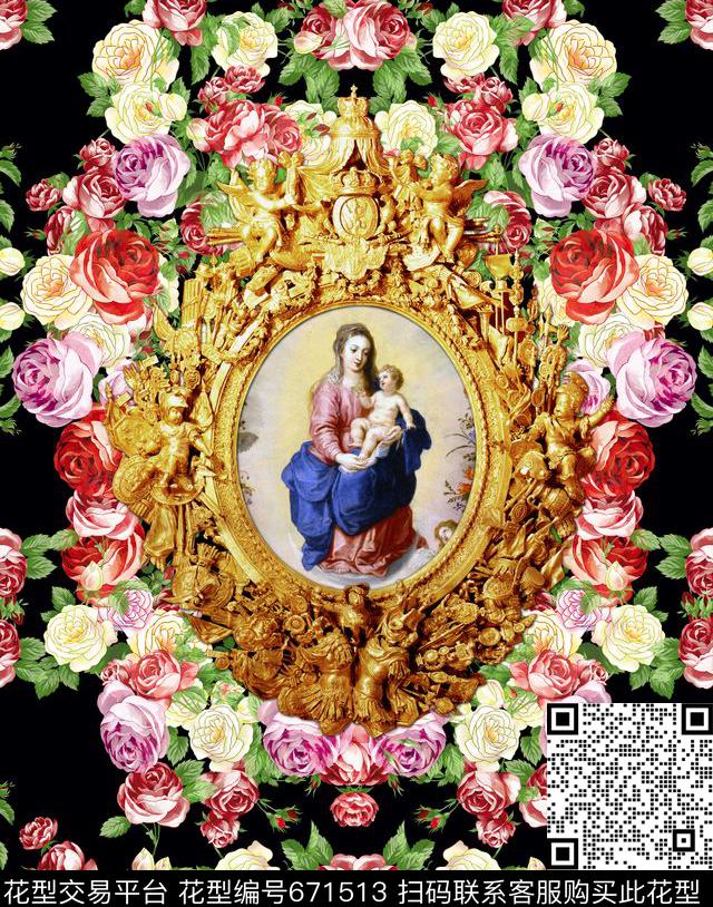 女装胸花欧美复古油画玫瑰数码印花华亿平台下载（图片编号: 671513） - 瓦栏（Walan）