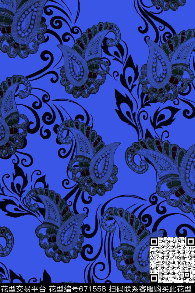 佩斯利腰果手绘花纹数码印花华亿平台下载（图片编号: 671558） - 瓦栏（Walan）