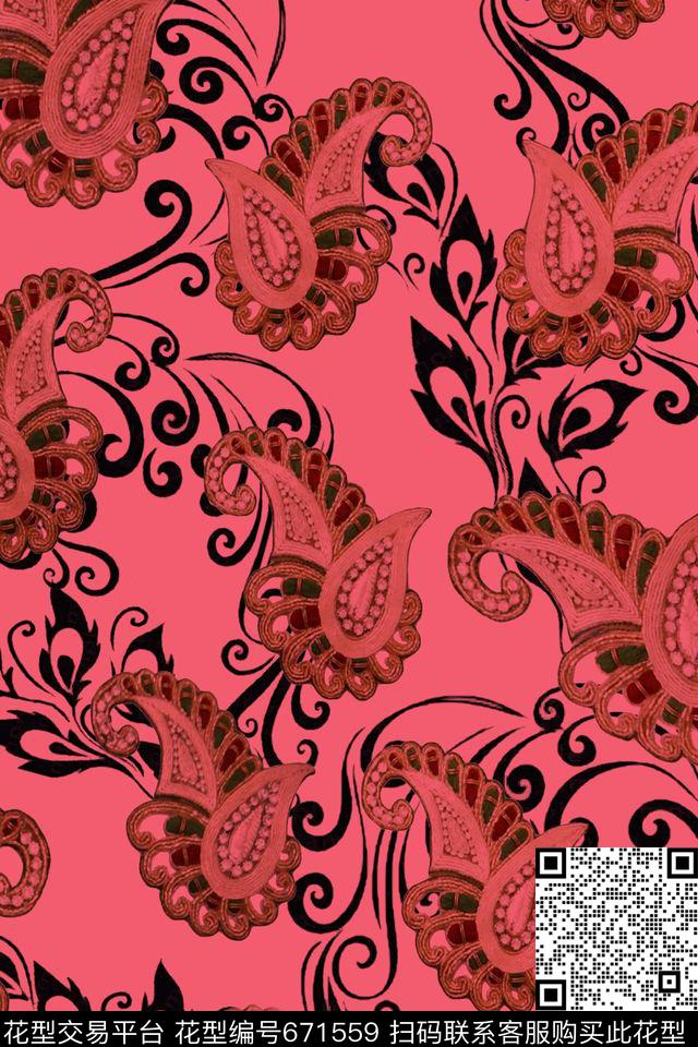 佩斯利腰果手绘花纹数码印花华亿平台下载（图片编号: 671559） - 瓦栏（Walan）