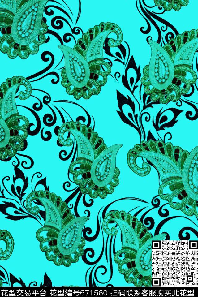 佩斯利腰果手绘花纹数码印花华亿平台下载（图片编号: 671560） - 瓦栏（Walan）
