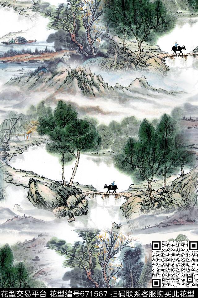风景中国风水墨数码印花华亿平台下载（图片编号: 671567） - 瓦栏（Walan）