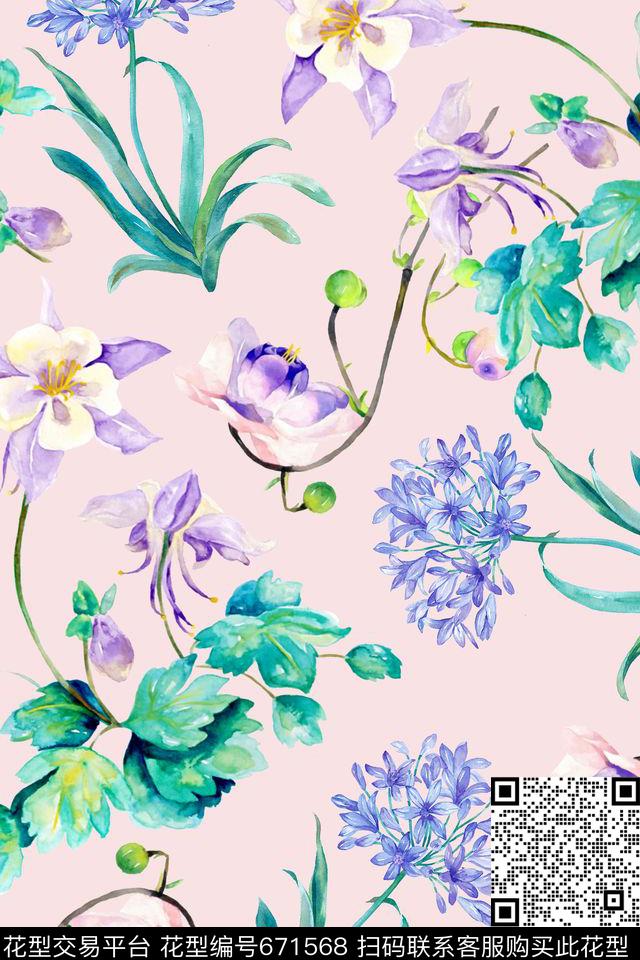 水彩花卉清爽底色花数码印花华亿平台下载（图片编号: 671568） - 瓦栏（Walan）