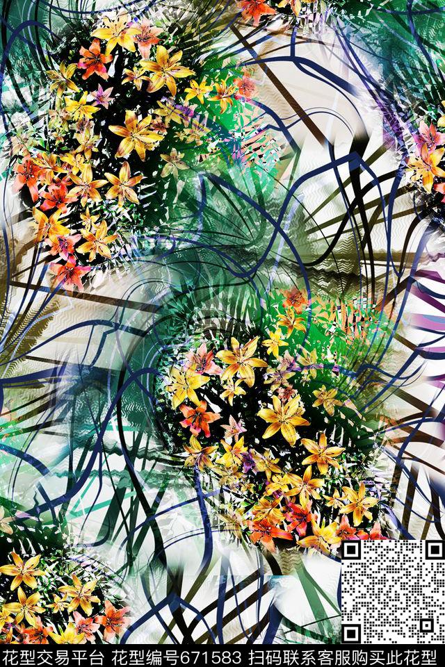 植物小花几何线条抽象数码印花华亿平台下载（图片编号: 671583） - 瓦栏（Walan）