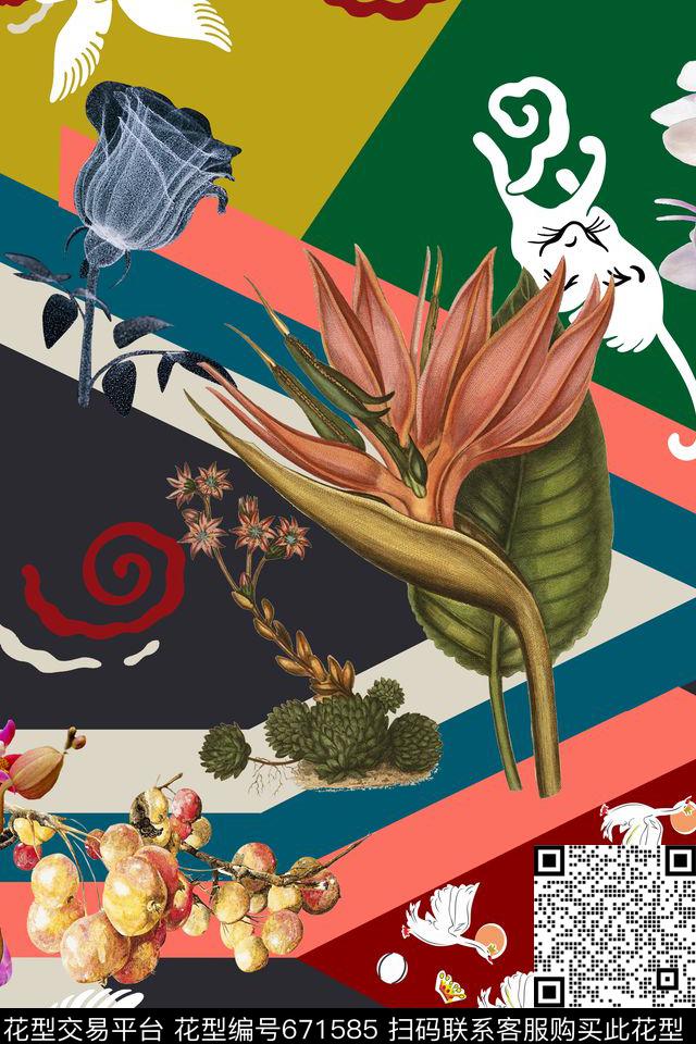 时尚几何拼接花卉数码印花华亿平台下载（图片编号: 671585） - 瓦栏（Walan）