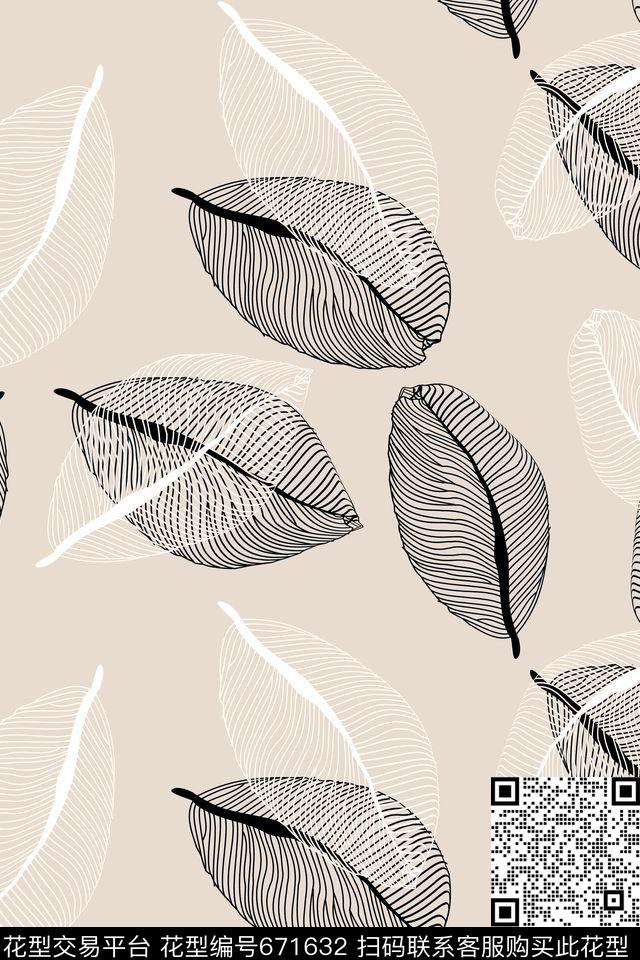 流行时尚叶子黑白传统印花华亿平台下载（图片编号: 671632） - 瓦栏（Walan）
