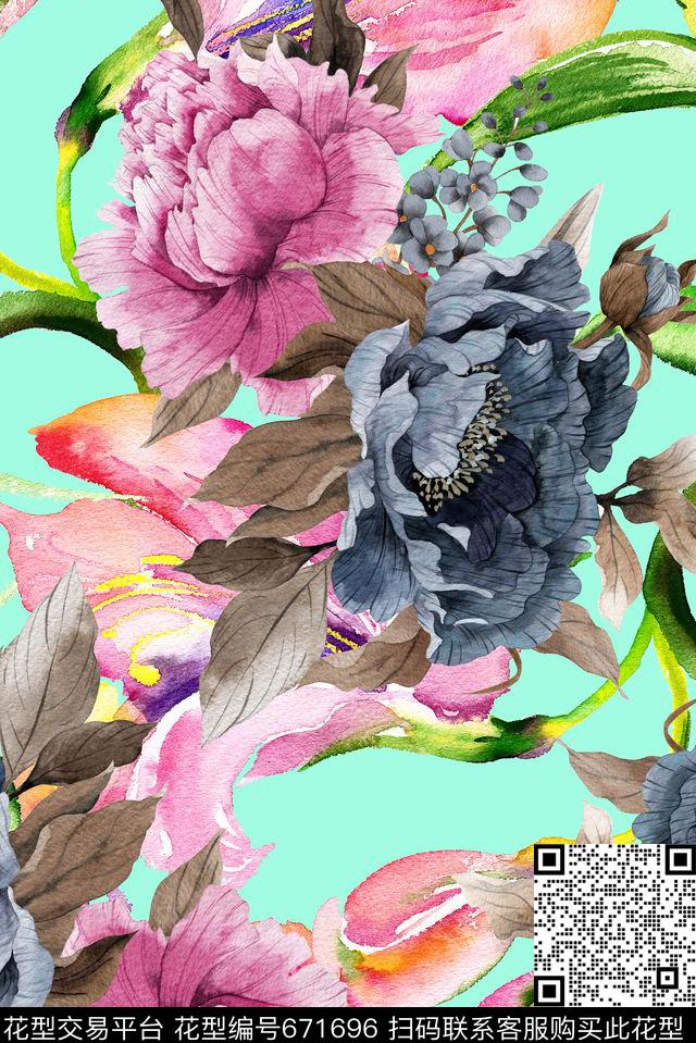 手绘肌理花卉数码印花华亿平台下载（图片编号: 671696） - 瓦栏（Walan）