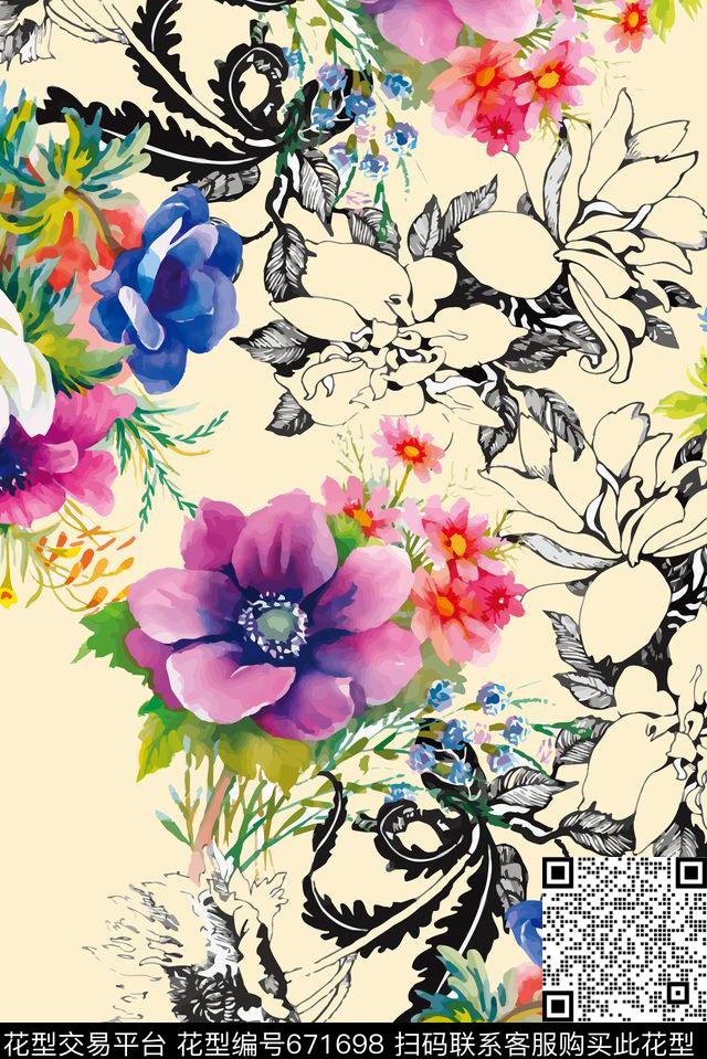 手绘线描花卉传统印花华亿平台下载（图片编号: 671698） - 瓦栏（Walan）
