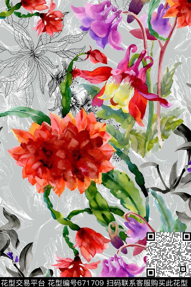 手绘线描花卉数码印花华亿平台下载（图片编号: 671709） - 瓦栏（Walan）