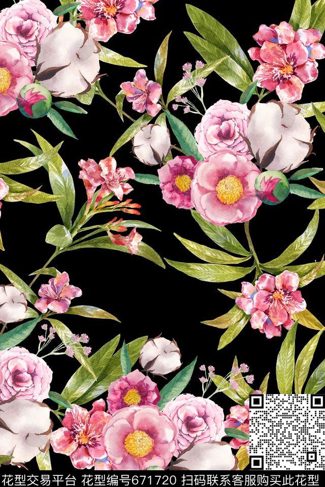 清爽手绘花卉数码印花华亿平台下载（图片编号: 671720） - 瓦栏（Walan）