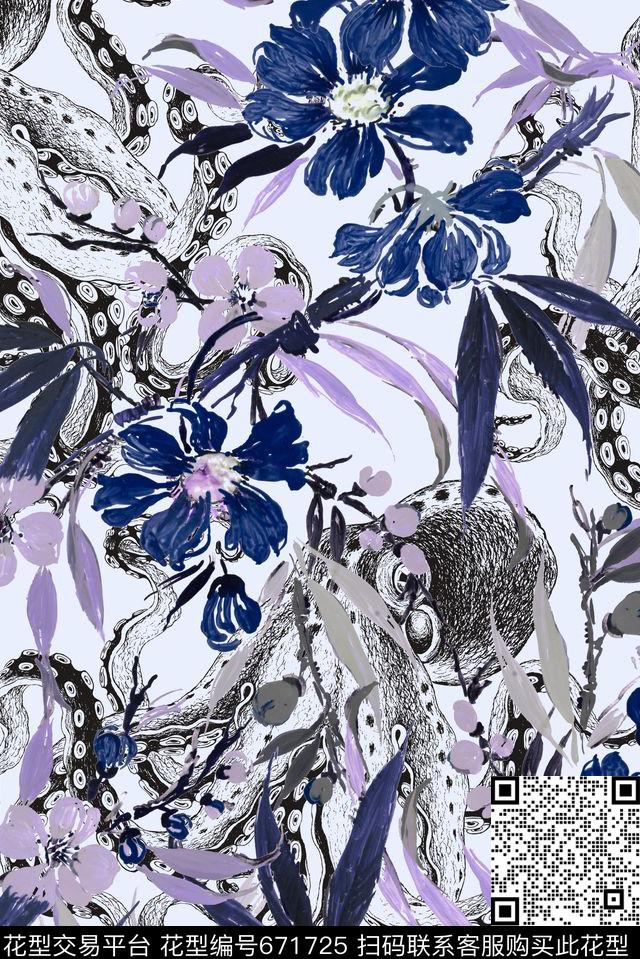 清爽乌贼花卉数码印花华亿平台下载（图片编号: 671725） - 瓦栏（Walan）