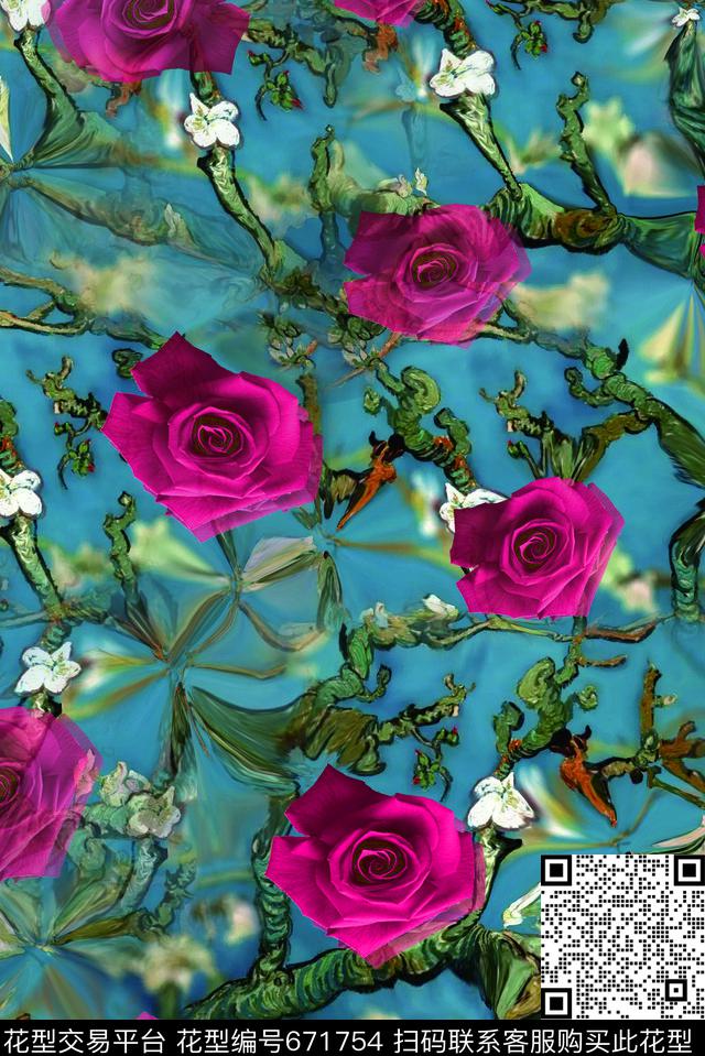 花卉玫瑰油画数码印花华亿平台下载（图片编号: 671754） - 瓦栏（Walan）