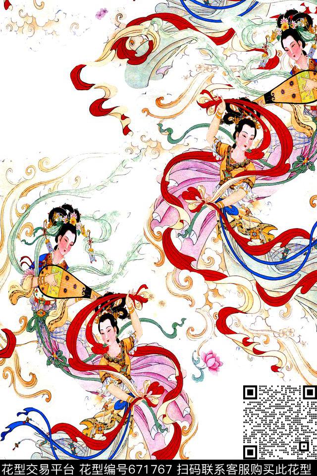 人物仕女.中国风工笔画云朵琵琶莲花数码印花华亿平台下载（图片编号: 671767） - 瓦栏（Walan）