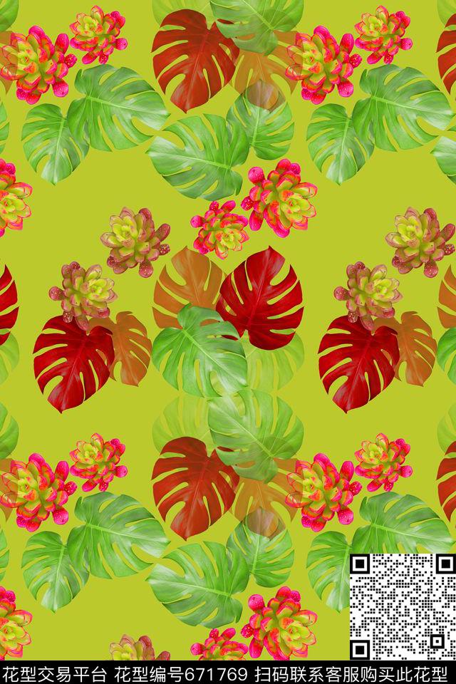 热带海滨度假多肉植物龟背竹叶子数码印花华亿平台下载（图片编号: 671769） - 瓦栏（Walan）