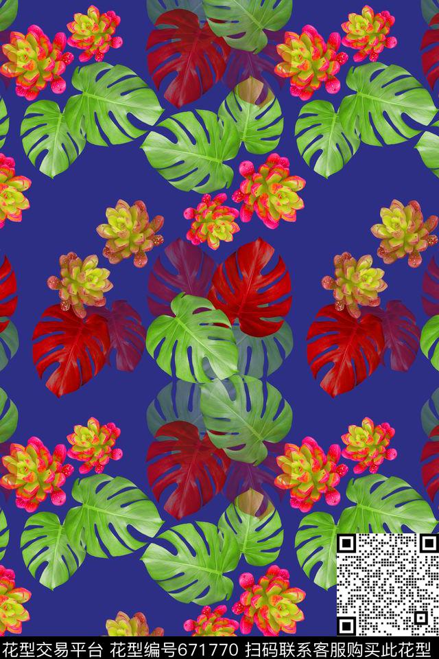 热带海滨度假多肉植物龟背竹叶子数码印花华亿平台下载（图片编号: 671770） - 瓦栏（Walan）