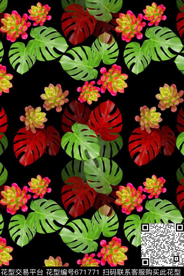 热带海滨度假多肉植物龟背竹叶子数码印花华亿平台下载（图片编号: 671771） - 瓦栏（Walan）