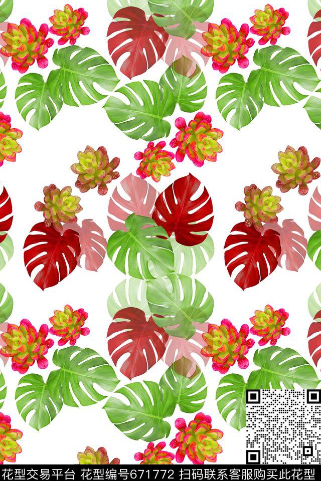 热带海滨度假多肉植物龟背竹叶子数码印花华亿平台下载（图片编号: 671772） - 瓦栏（Walan）