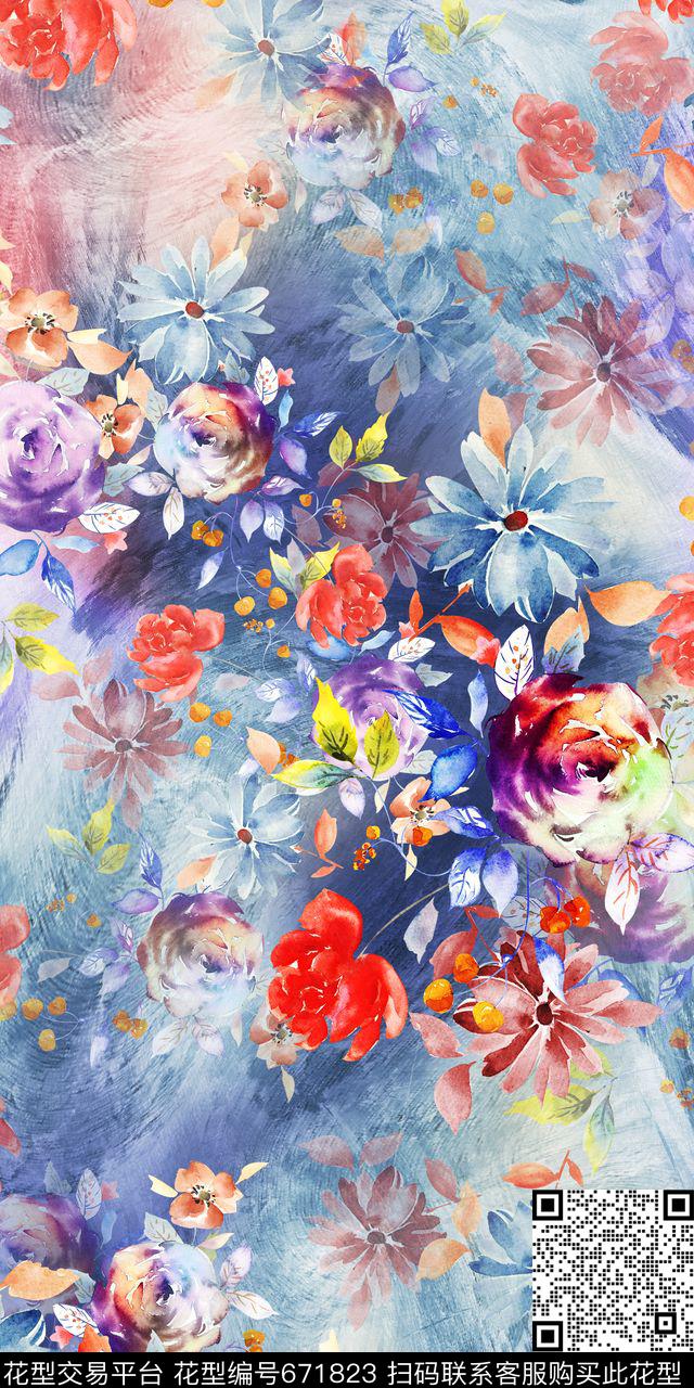 老年装肌理底纹手绘花数码印花华亿平台下载（图片编号: 671823） - 瓦栏（Walan）