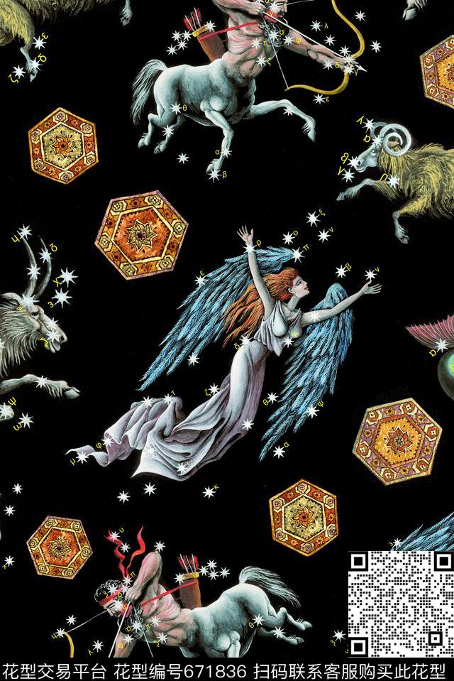 手绘星座趣味黑底民族小几何数码印花华亿平台下载（图片编号: 671836） - 瓦栏（Walan）