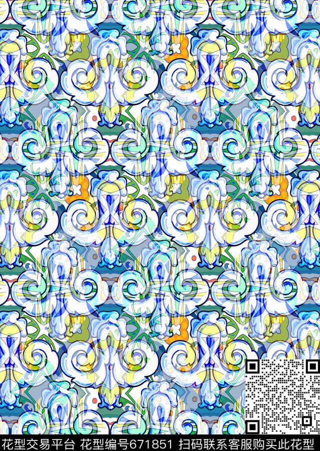 民族风欧式卷草纹样数码彩色数码印花华亿平台下载（图片编号: 671851） - 瓦栏（Walan）
